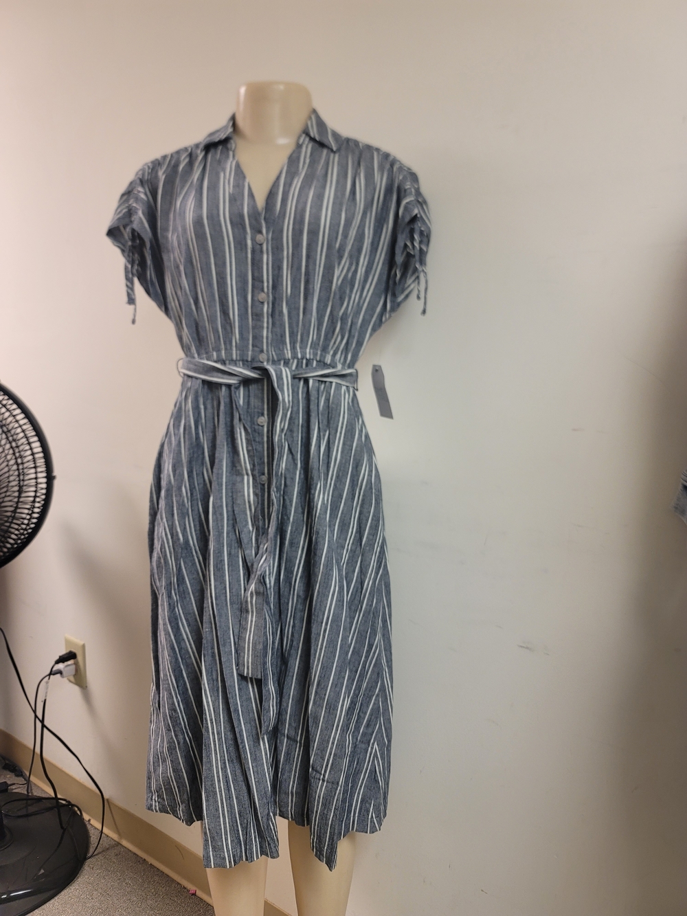 Striped Button-Front Midi Dress with Tie Waist - Blue